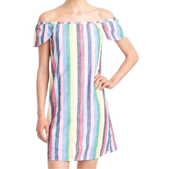 J. Crew Off The Shoulder Rainbow Striped Dress Sz 2 EUC - Picture 1 of 8